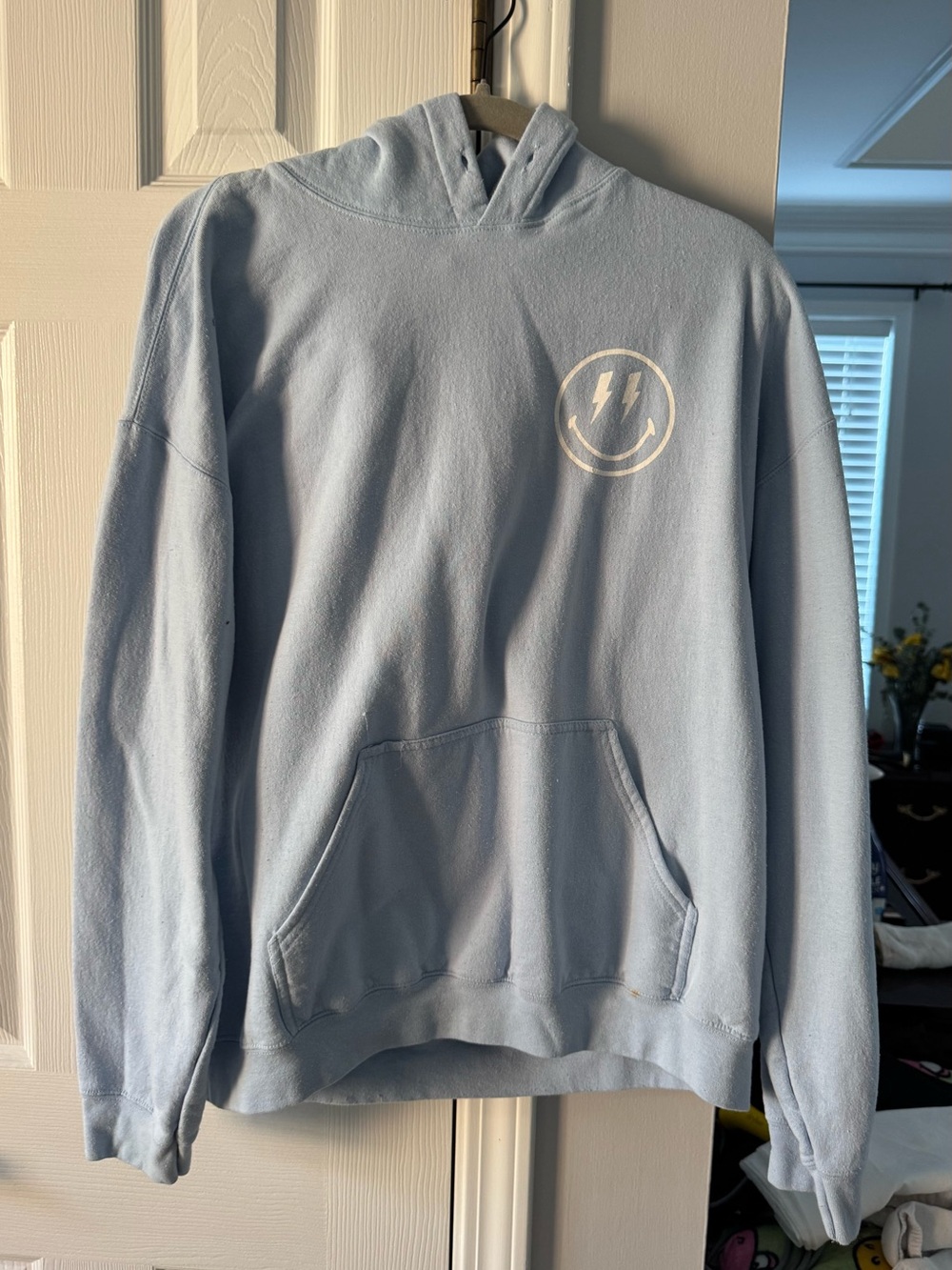 Gildan Light Blue Hoodie with White Smiley Bolt Chest Logo